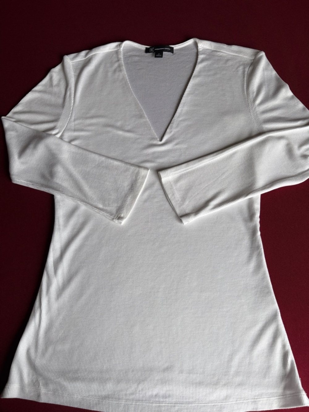 INC International Concepts White Ribbed V-Neck Knit Top